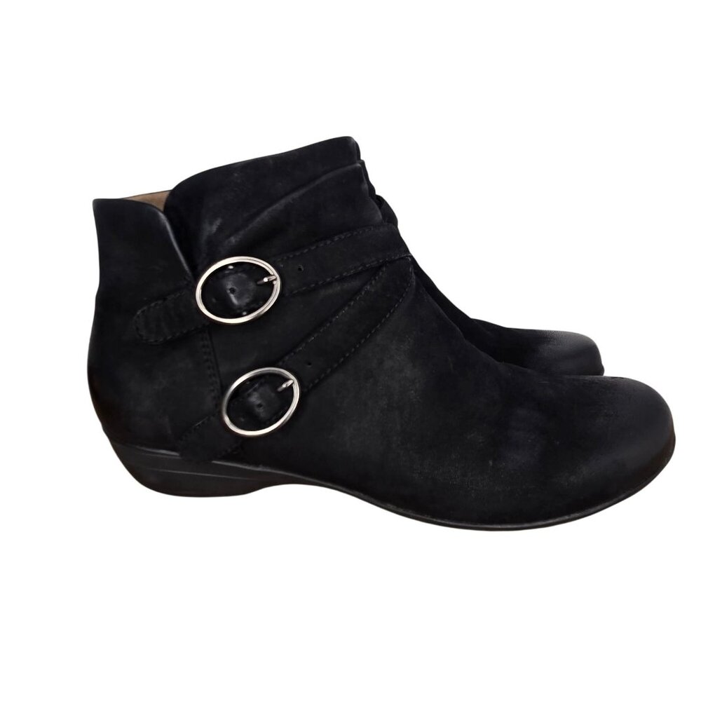 Dansko Faithe Leather Buckle Block Heel Black Ankle Bootie Women EU41, US10.5/11